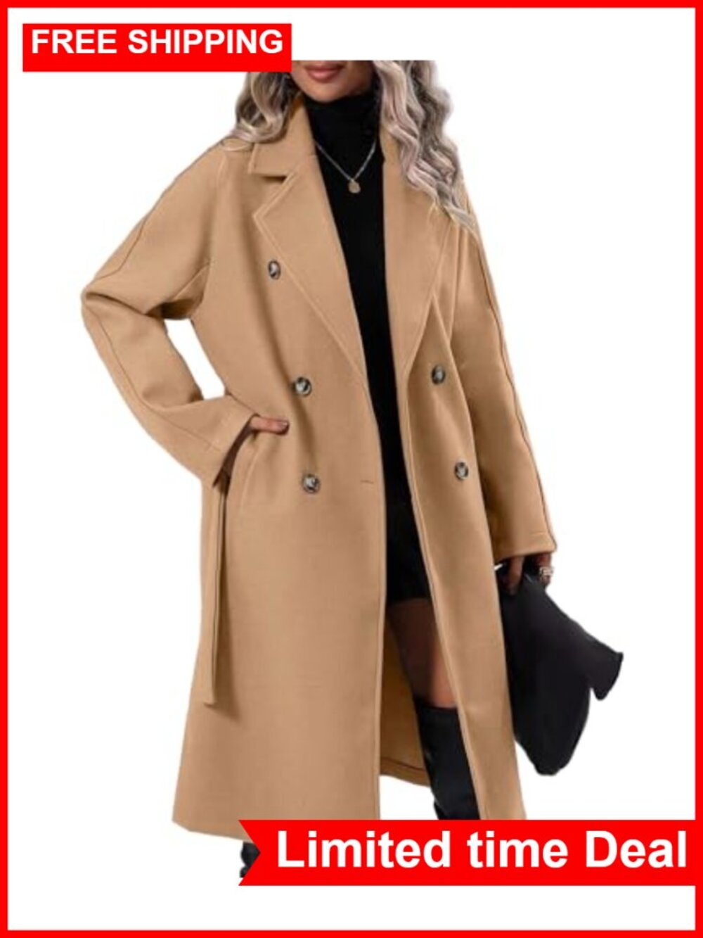 Oversized Double Breasted Wool Blend Long Coat with Belt Notched Lapel Winter
